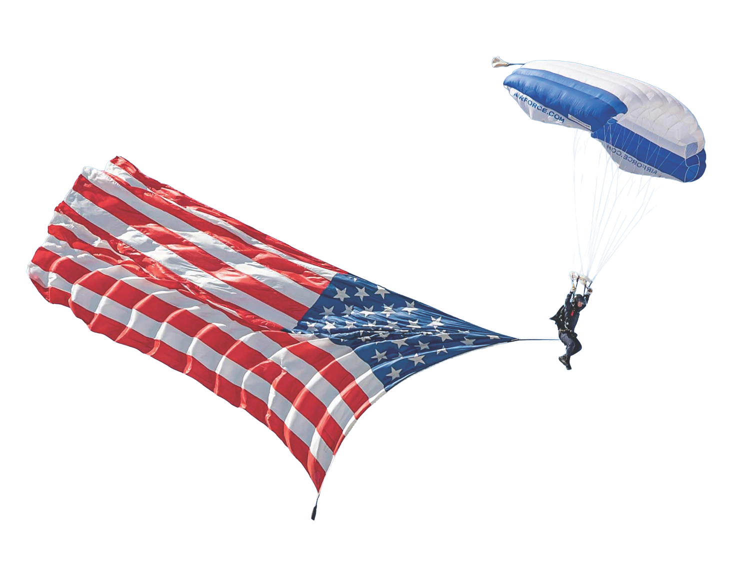 USAF parachutist descending with an American flag