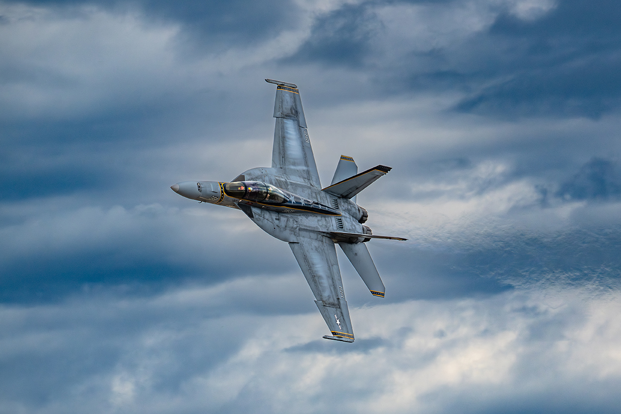 West Rhino Demo Team F/A-18 Super Hornet banking in flight